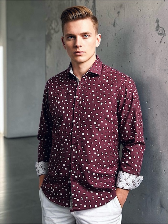 Suslo Couture Other - Suslo Couture Burgundy Square Print Slim Fit Shirt M